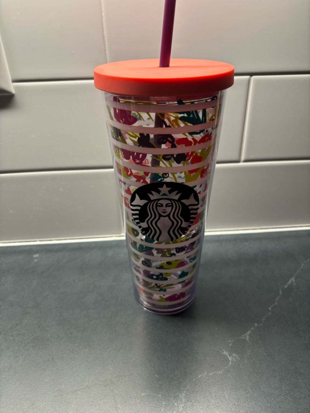 Starbucks Floral Stripe Reusable Tumbler - Coral Lid, Purple Straw 2017